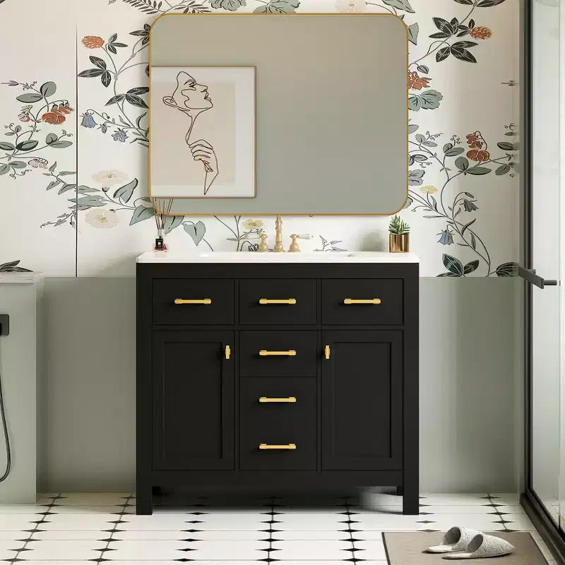 Mobile lavabo da bagno combinato da 90 cm, mobiletto da bagno con cassetti, mobile lavabo singolo con struttura in legno massello