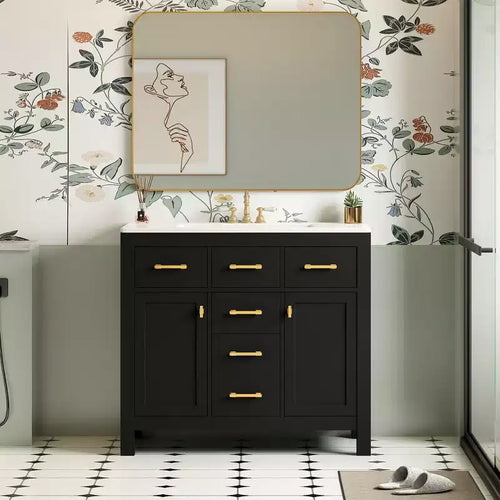 Mobile lavabo da bagno combinato da 90 cm, mobiletto da bagno con cassetti, mobile lavabo singolo con struttura in legno massello