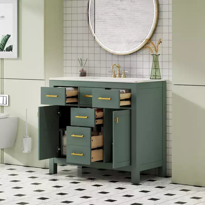 Mobile lavabo da bagno combinato da 90 cm, mobiletto da bagno con cassetti, mobile lavabo singolo con struttura in legno massello