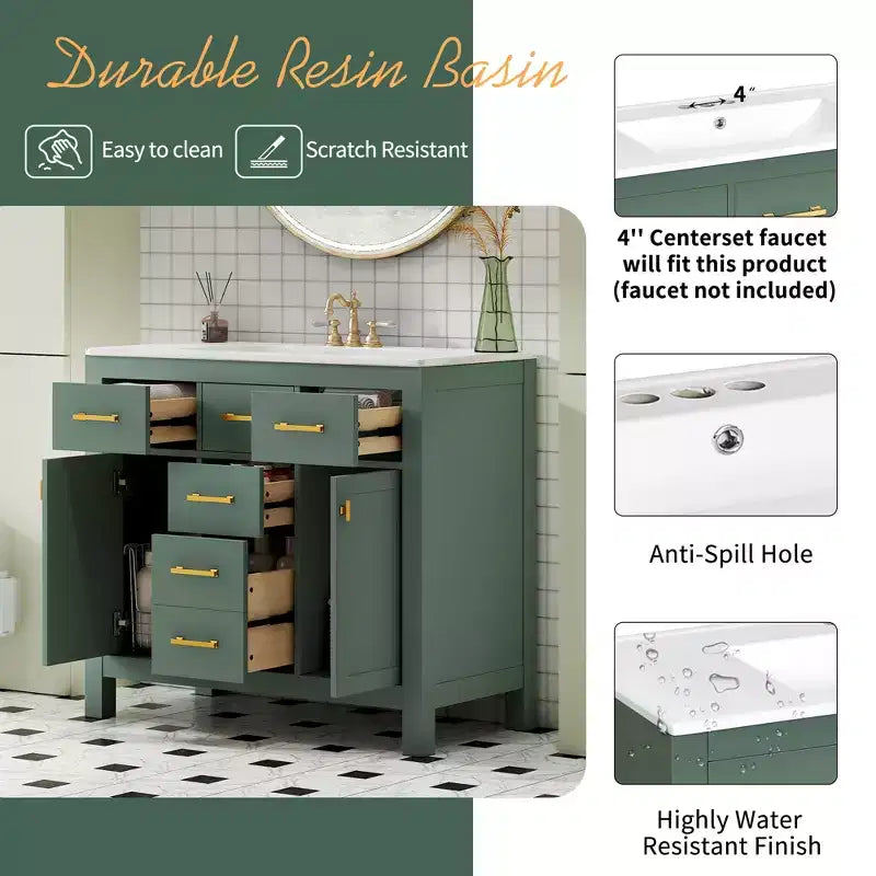 Mobile lavabo da bagno combinato da 90 cm, mobiletto da bagno con cassetti, mobile lavabo singolo con struttura in legno massello