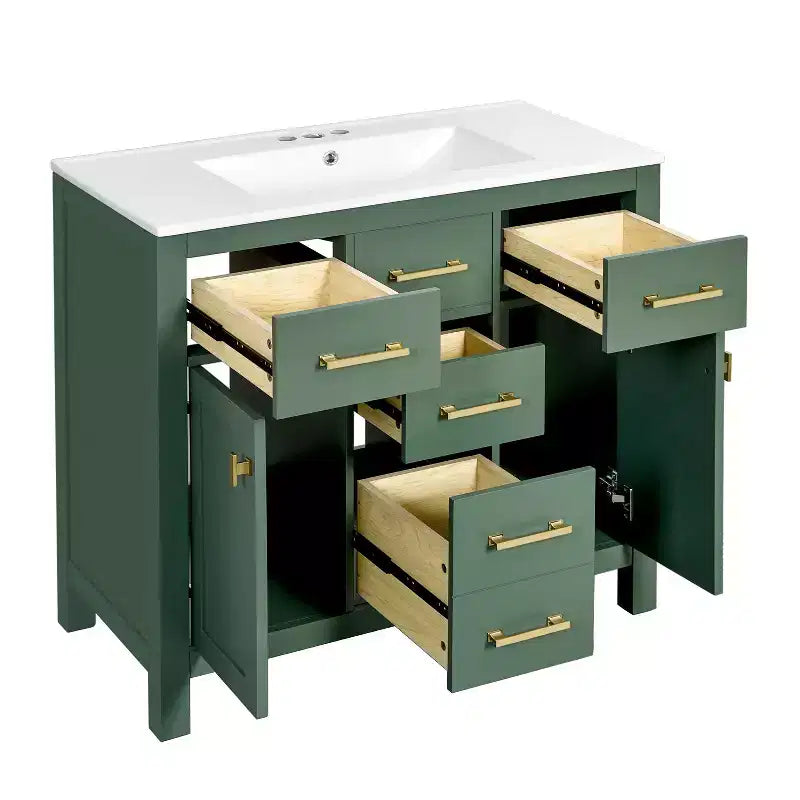 Mobile lavabo da bagno combinato da 90 cm, mobiletto da bagno con cassetti, mobile lavabo singolo con struttura in legno massello