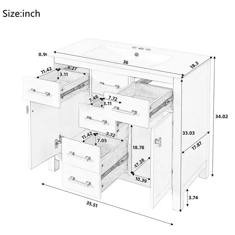 Mobile lavabo da bagno combinato da 90 cm, mobiletto da bagno con cassetti, mobile lavabo singolo con struttura in legno massello