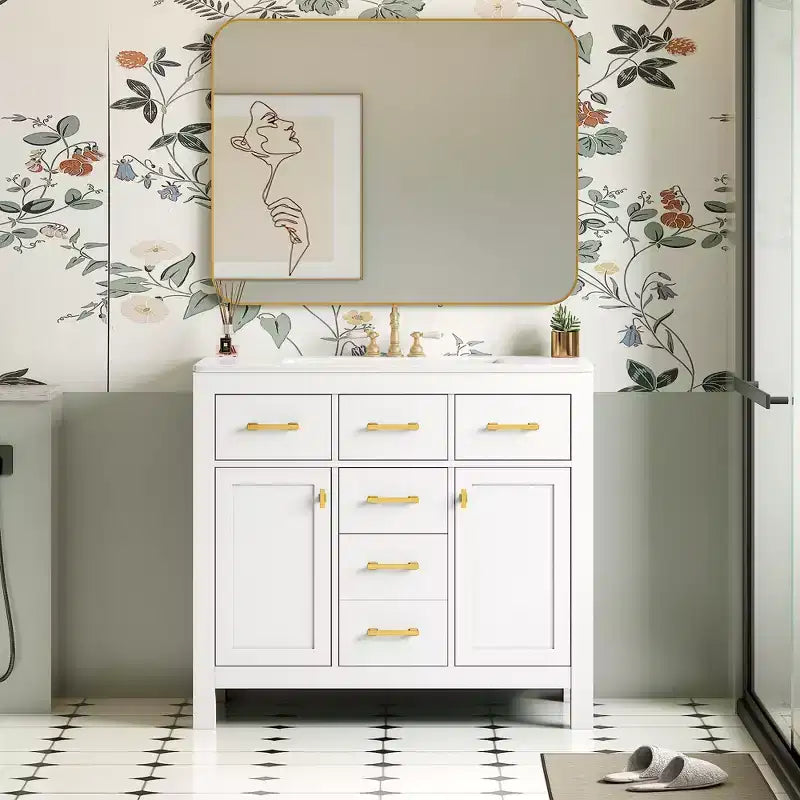 Mobile lavabo da bagno combinato da 90 cm, mobiletto da bagno con cassetti, mobile lavabo singolo con struttura in legno massello