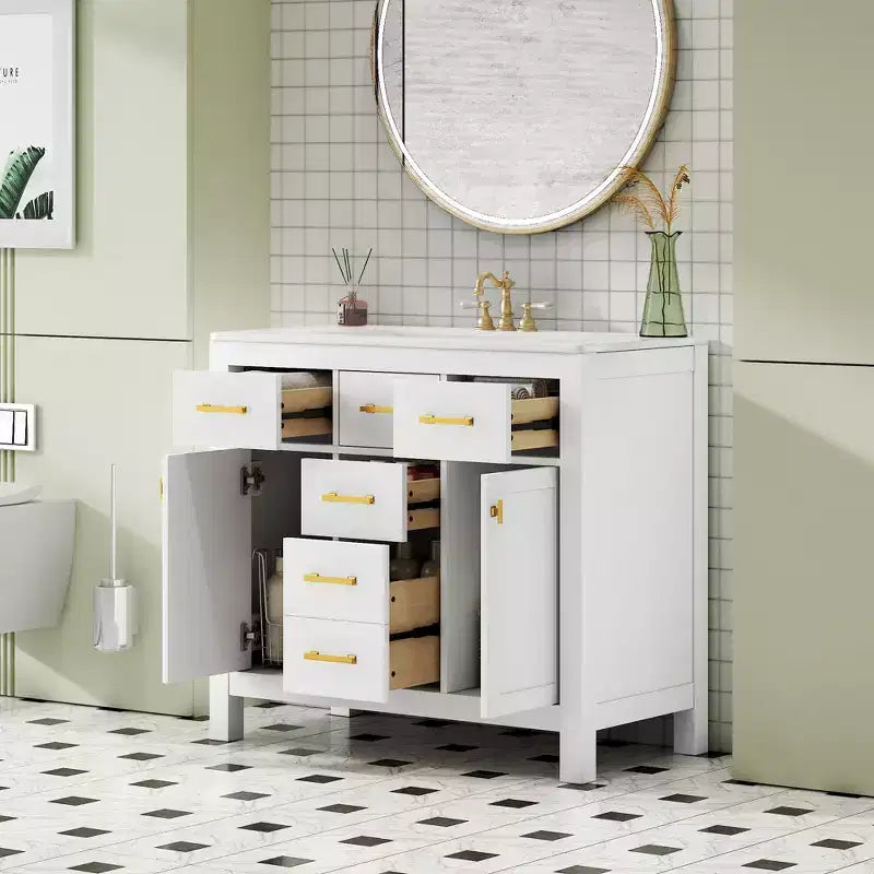Mobile lavabo da bagno combinato da 90 cm, mobiletto da bagno con cassetti, mobile lavabo singolo con struttura in legno massello