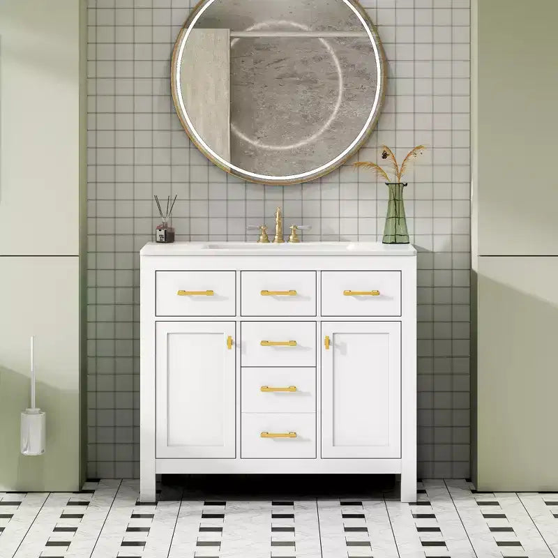 Mobile lavabo da bagno combinato da 90 cm, mobiletto da bagno con cassetti, mobile lavabo singolo con struttura in legno massello