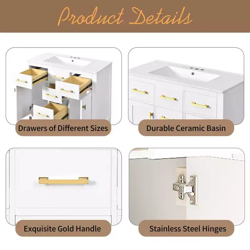 Mobile lavabo da bagno combinato da 90 cm, mobiletto da bagno con cassetti, mobile lavabo singolo con struttura in legno massello