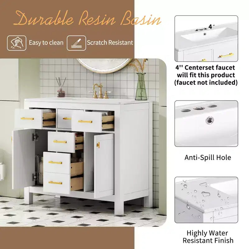 Mobile lavabo da bagno combinato da 90 cm, mobiletto da bagno con cassetti, mobile lavabo singolo con struttura in legno massello