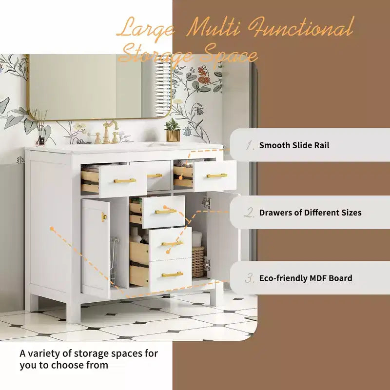 Mobile lavabo da bagno combinato da 90 cm, mobiletto da bagno con cassetti, mobile lavabo singolo con struttura in legno massello