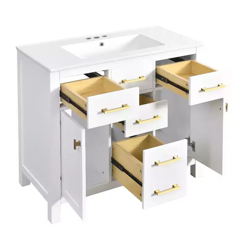 Mobile lavabo da bagno combinato da 90 cm, mobiletto da bagno con cassetti, mobile lavabo singolo con struttura in legno massello