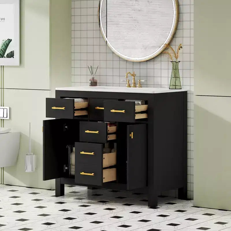 Mobile lavabo da bagno combinato da 90 cm, mobiletto da bagno con cassetti, mobile lavabo singolo con struttura in legno massello