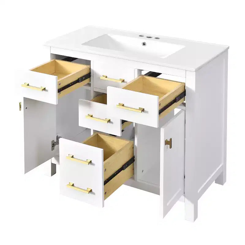 Mobile lavabo da bagno combinato da 90 cm, mobiletto da bagno con cassetti, mobile lavabo singolo con struttura in legno massello