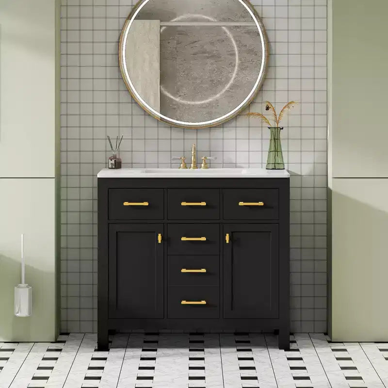 Mobile lavabo da bagno combinato da 90 cm, mobiletto da bagno con cassetti, mobile lavabo singolo con struttura in legno massello
