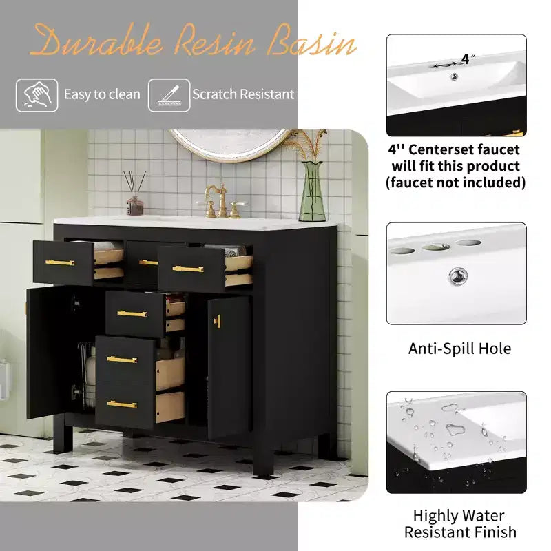 Mobile lavabo da bagno combinato da 90 cm, mobiletto da bagno con cassetti, mobile lavabo singolo con struttura in legno massello
