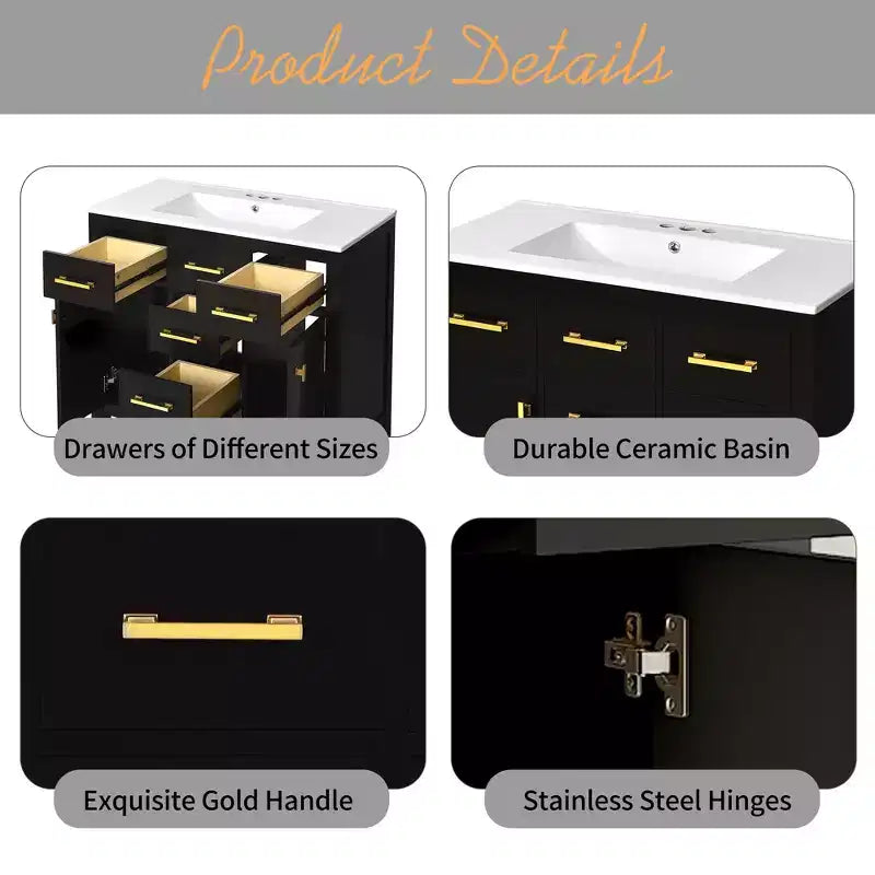 Mobile lavabo da bagno combinato da 90 cm, mobiletto da bagno con cassetti, mobile lavabo singolo con struttura in legno massello