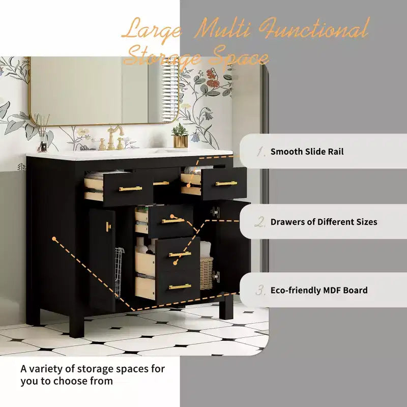 Mobile lavabo da bagno combinato da 90 cm, mobiletto da bagno con cassetti, mobile lavabo singolo con struttura in legno massello