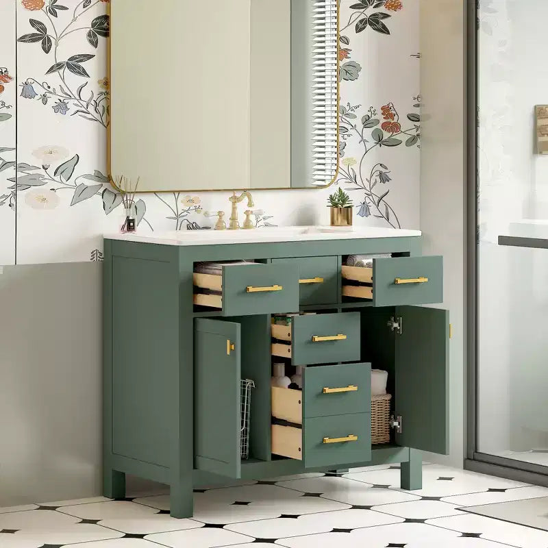 Mobile lavabo da bagno combinato da 90 cm, mobiletto da bagno con cassetti, mobile lavabo singolo con struttura in legno massello