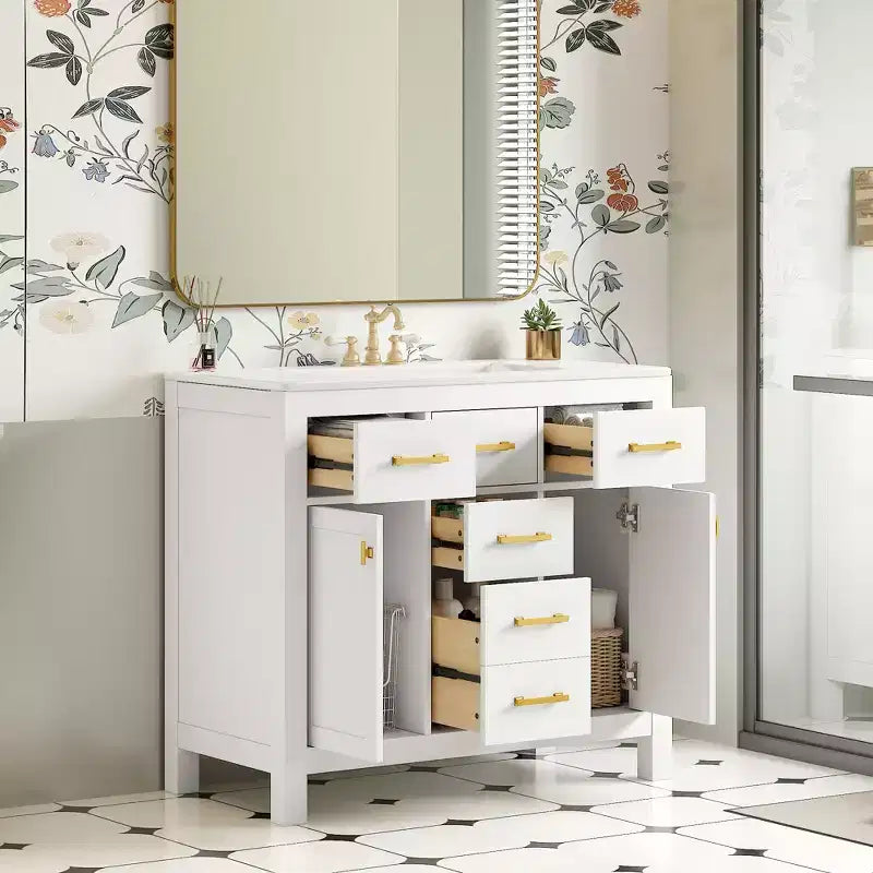 Mobile lavabo da bagno combinato da 90 cm, mobiletto da bagno con cassetti, mobile lavabo singolo con struttura in legno massello