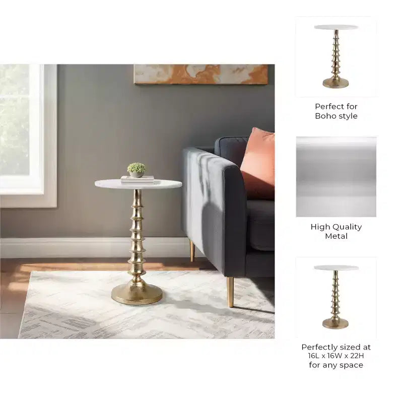 Tavolino, comodino o mobiletto elegante per l'arredamento della stanza - Piano in marmo con base a coste per l'arredamento della camera da letto o del soggiorno - 22 Bianco e Oro