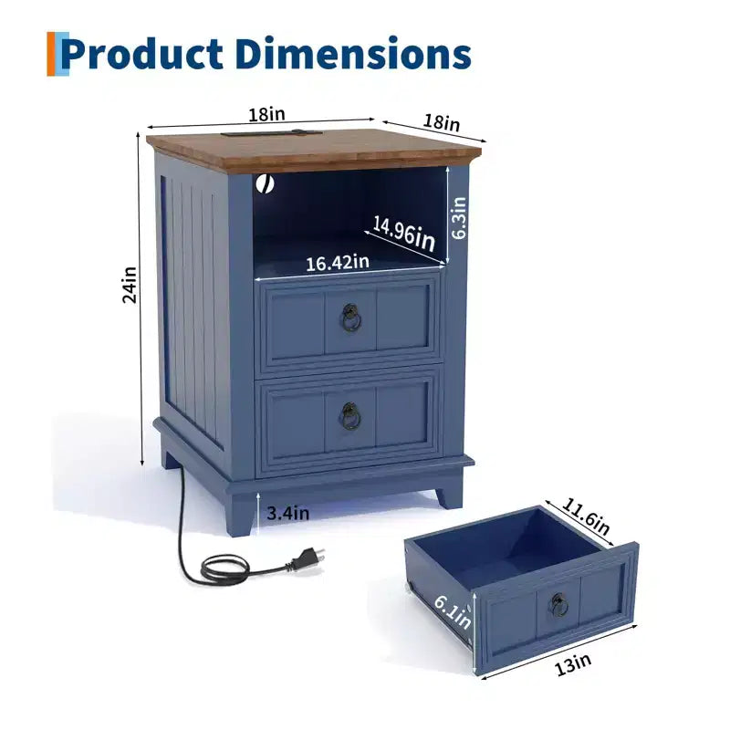 Comodino in legno da 18 pollici con stazione di ricarica USB, comodino moderno scanalato, schedario a due cassetti con ripiano, tavolino da letto