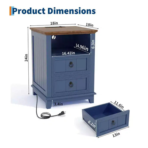 Comodino in legno da 18 pollici con stazione di ricarica USB, comodino moderno scanalato, schedario a due cassetti con ripiano, tavolino da letto