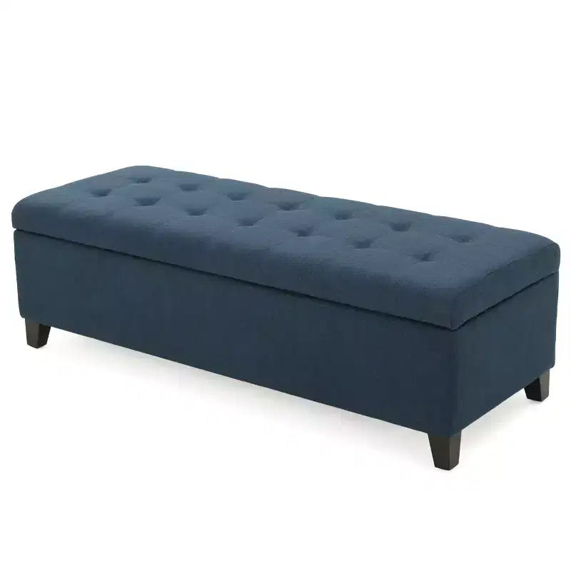 Upholstered Storage Ottoman with Tufted Waffle Stitching, Storage Bench with Wooden Legs, Entryway Bench for Living Room, Navy Blue
