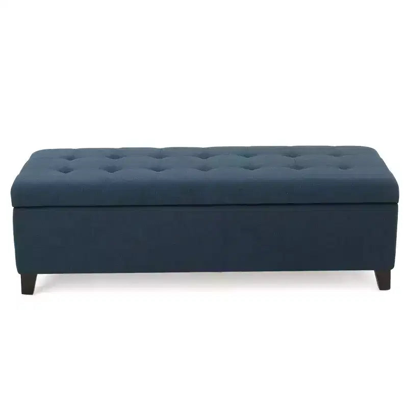 Panca Ottomana Contenitore Imbottita con Cuciture Trapuntate a Waffle, Panca Contenitore con Gambe in Legno, Panca da Ingresso per Soggiorno, Blu Navy
