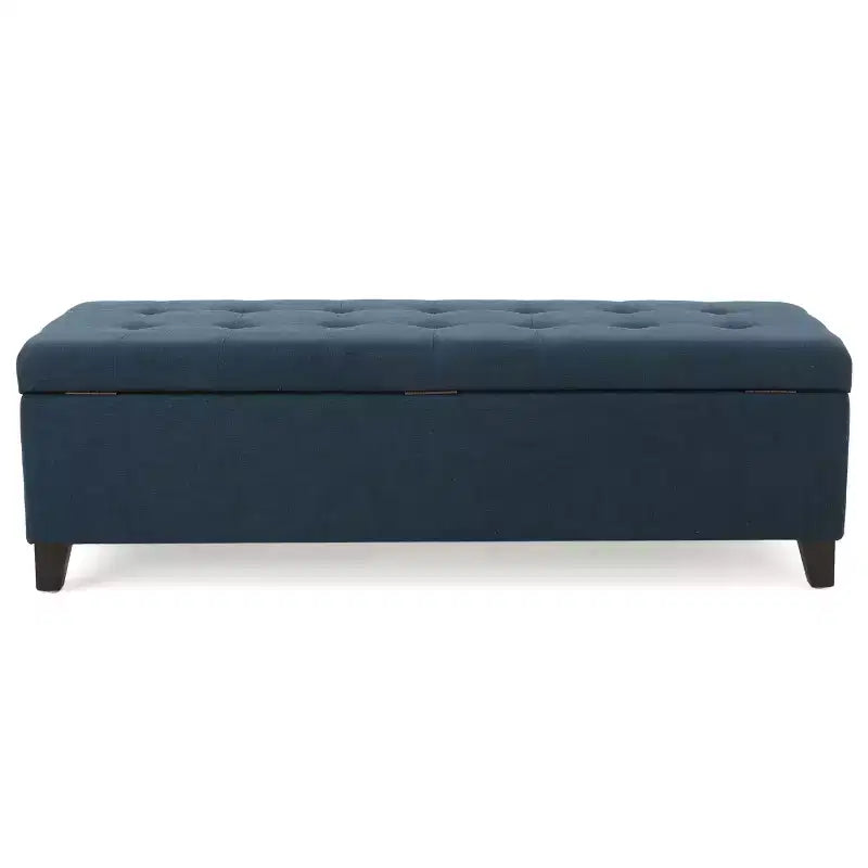 Panca Ottomana Contenitore Imbottita con Cuciture Trapuntate a Waffle, Panca Contenitore con Gambe in Legno, Panca da Ingresso per Soggiorno, Blu Navy