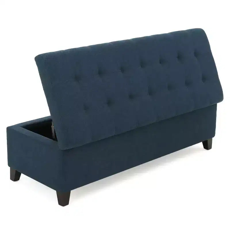 Panca Ottomana Contenitore Imbottita con Cuciture Trapuntate a Waffle, Panca Contenitore con Gambe in Legno, Panca da Ingresso per Soggiorno, Blu Navy
