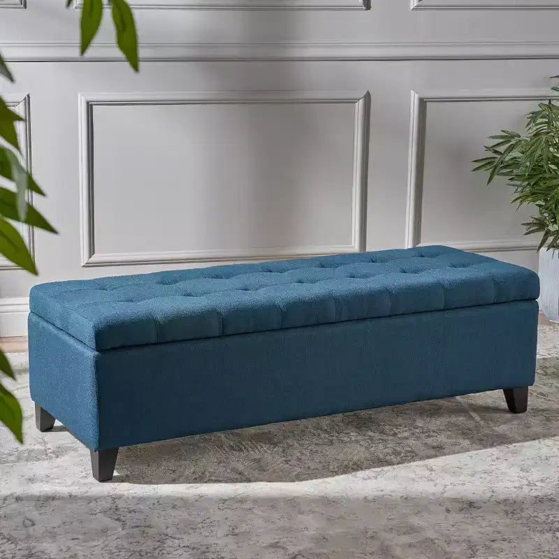 Panca Ottomana Contenitore Imbottita con Cuciture Trapuntate a Waffle, Panca Contenitore con Gambe in Legno, Panca da Ingresso per Soggiorno, Blu Navy