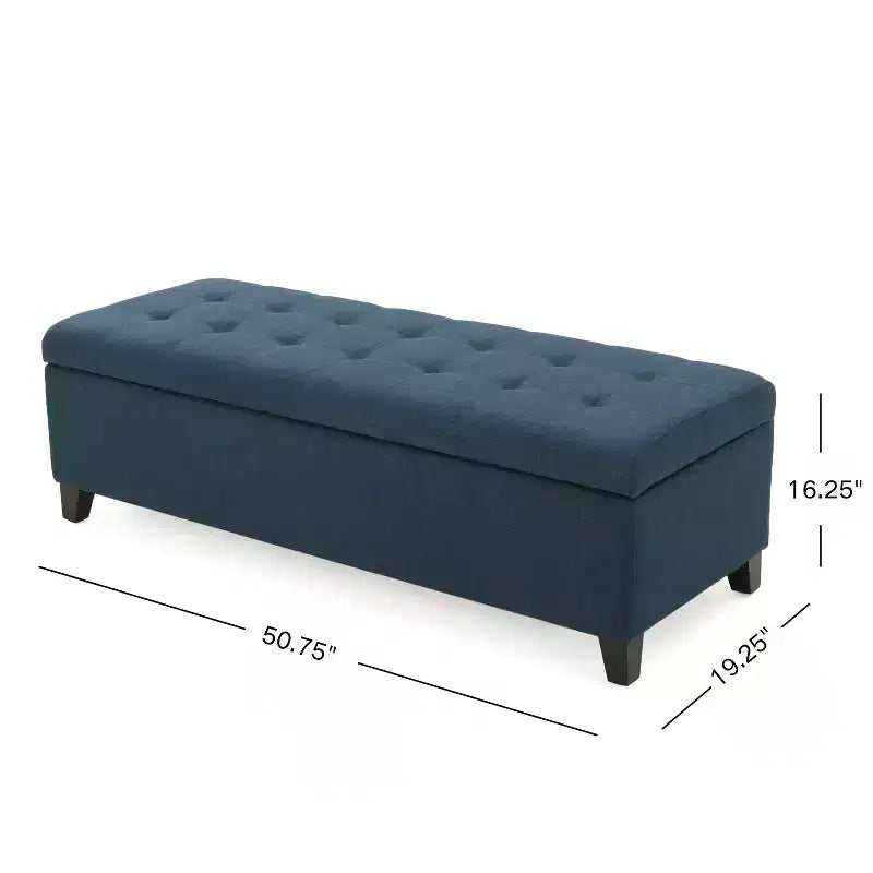 Panca Ottomana Contenitore Imbottita con Cuciture Trapuntate a Waffle, Panca Contenitore con Gambe in Legno, Panca da Ingresso per Soggiorno, Blu Navy