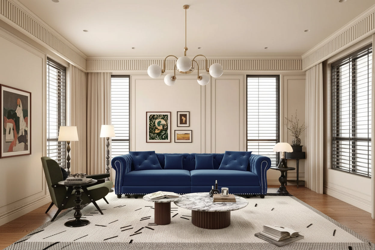 89 Velvet 3 Seat Sofa with Movable Ottoman, 3-in-1 Pull Out Sofa Bed, King Size Sofa Bed Blue