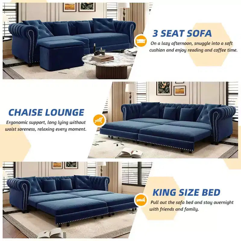 Divano a 3 Posti 89 Velvet con Pouf Mobile, Divano Letto Estraibile 3 in 1, Divano Letto King Size Blu