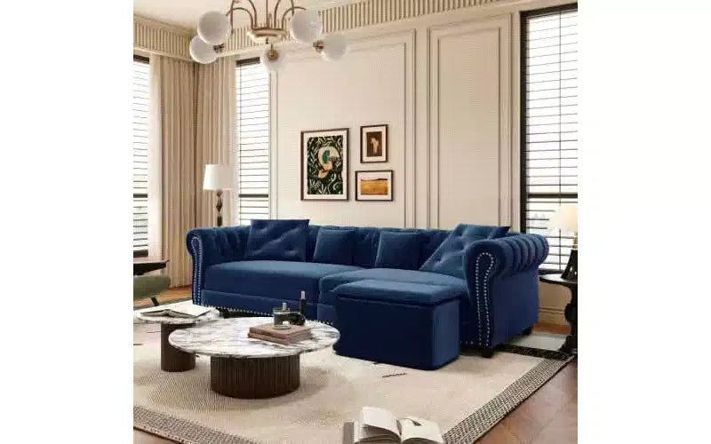 Divano a 3 Posti 89 Velvet con Pouf Mobile, Divano Letto Estraibile 3 in 1, Divano Letto King Size Blu