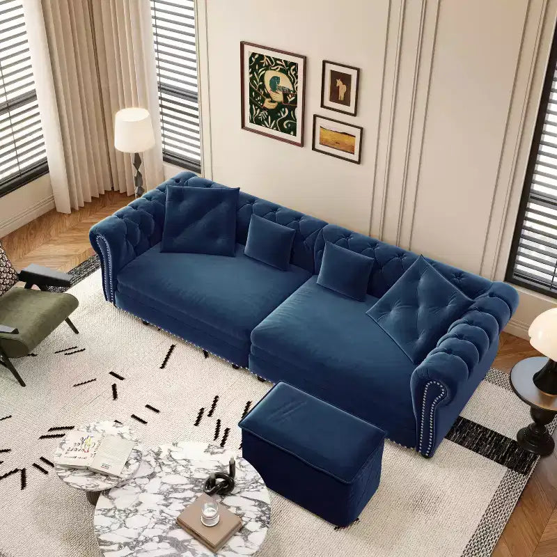 Divano a 3 Posti 89 Velvet con Pouf Mobile, Divano Letto Estraibile 3 in 1, Divano Letto King Size Blu
