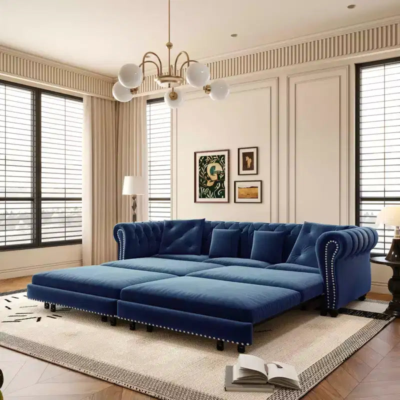 Divano a 3 Posti 89 Velvet con Pouf Mobile, Divano Letto Estraibile 3 in 1, Divano Letto King Size Blu