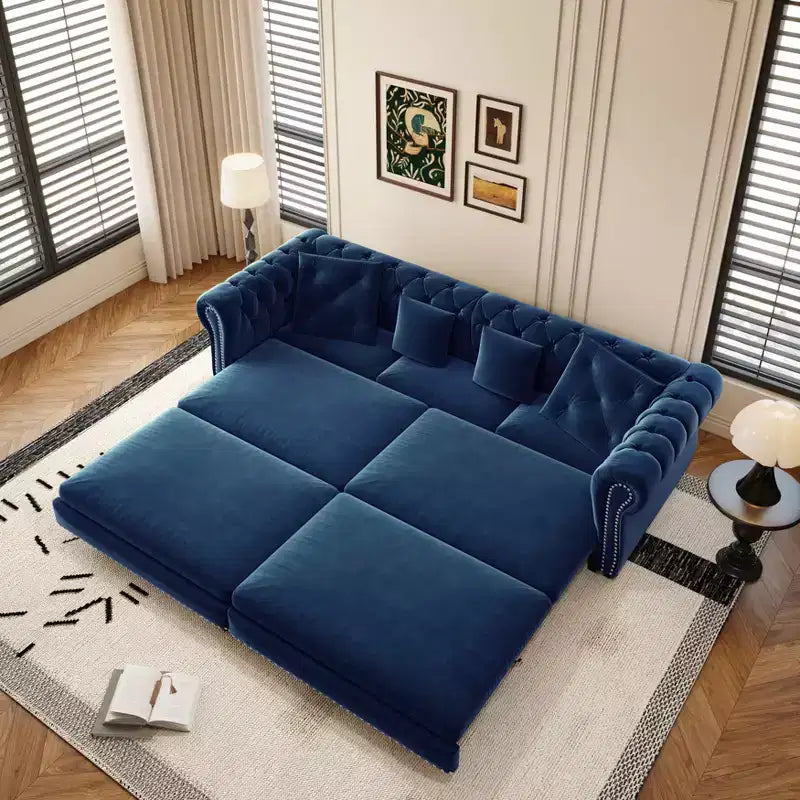 Divano a 3 Posti 89 Velvet con Pouf Mobile, Divano Letto Estraibile 3 in 1, Divano Letto King Size Blu
