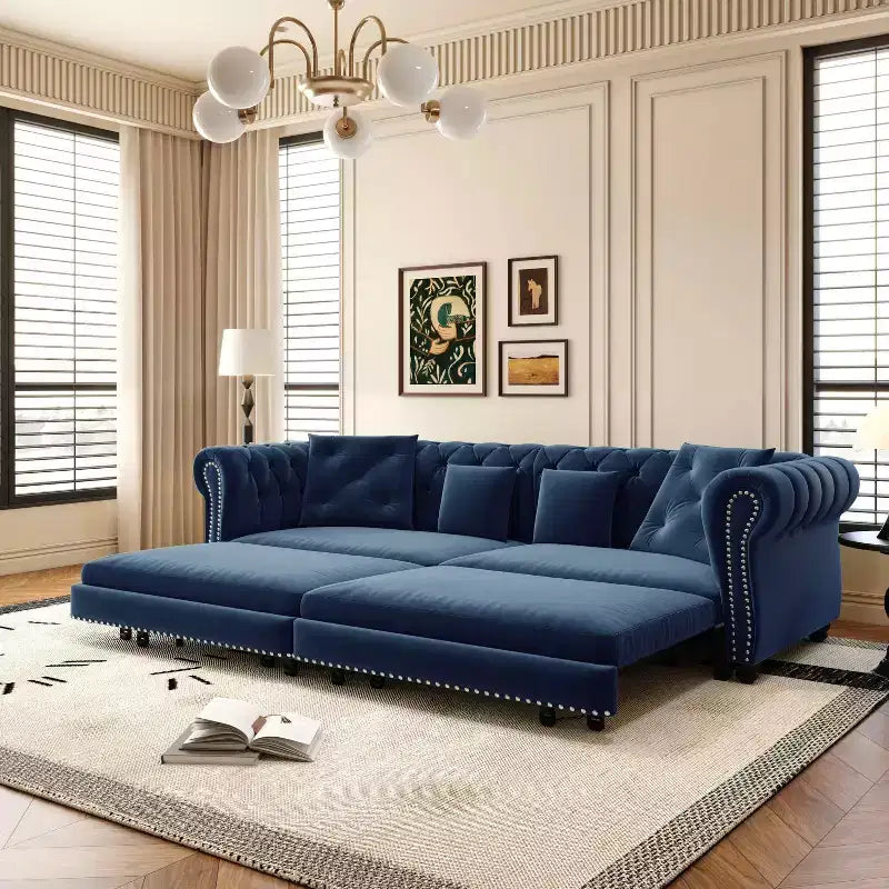 Divano a 3 Posti 89 Velvet con Pouf Mobile, Divano Letto Estraibile 3 in 1, Divano Letto King Size Blu