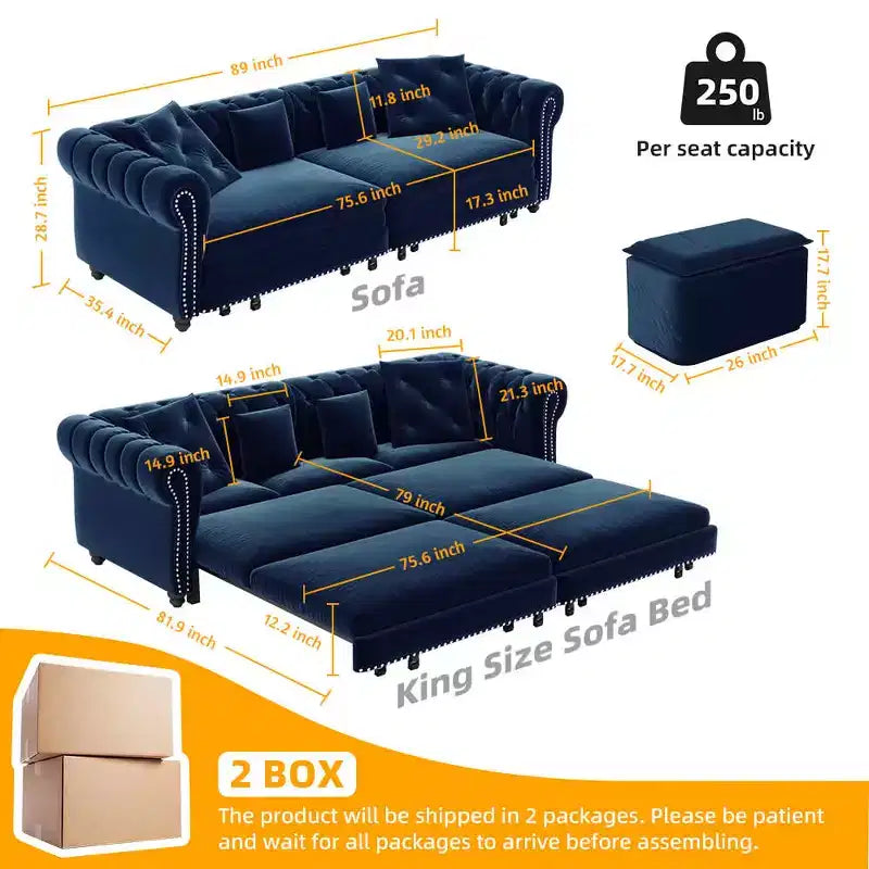 Divano a 3 Posti 89 Velvet con Pouf Mobile, Divano Letto Estraibile 3 in 1, Divano Letto King Size Blu