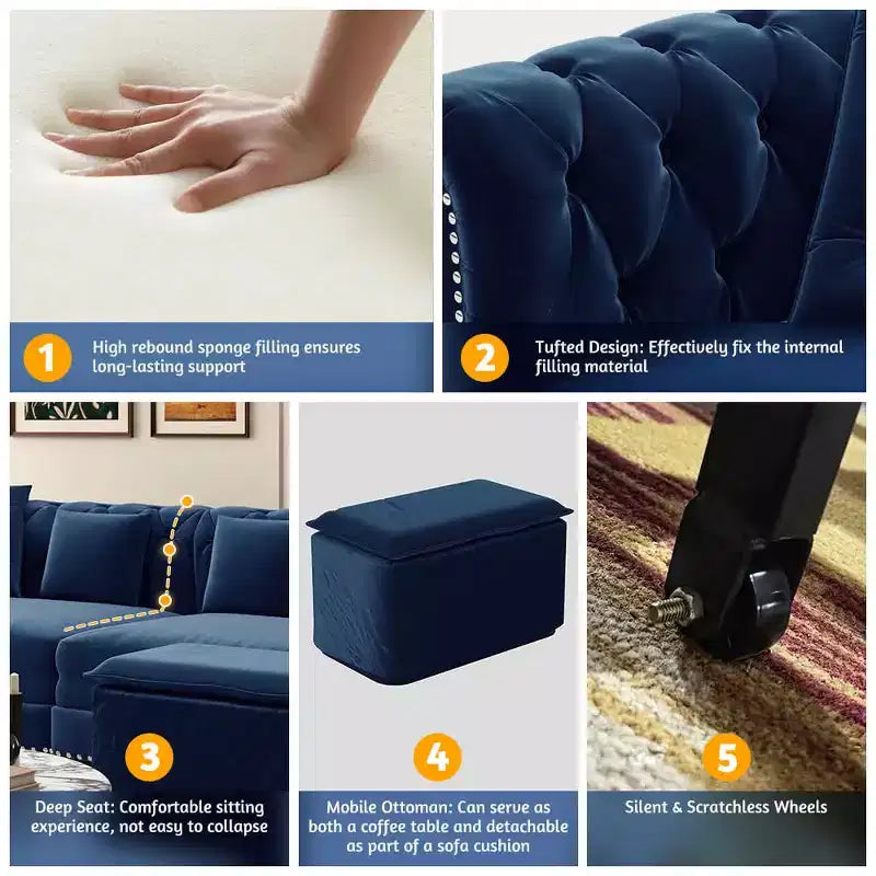 Divano a 3 Posti 89 Velvet con Pouf Mobile, Divano Letto Estraibile 3 in 1, Divano Letto King Size Blu