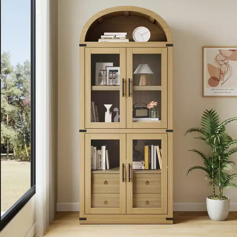 Libreria ad Arco, Libreria Alta con Ante e Cassetti, Mobile Contenitore Stile Rustico per Ufficio, Soggiorno, Camera da Letto