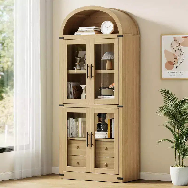 Libreria ad Arco, Libreria Alta con Ante e Cassetti, Mobile Contenitore Stile Rustico per Ufficio, Soggiorno, Camera da Letto