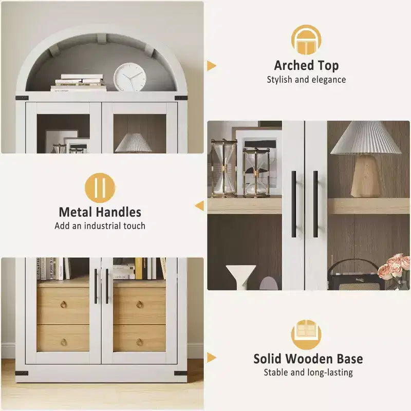Libreria ad Arco, Libreria Alta con Ante e Cassetti, Mobile Contenitore Stile Rustico per Ufficio, Soggiorno, Camera da Letto