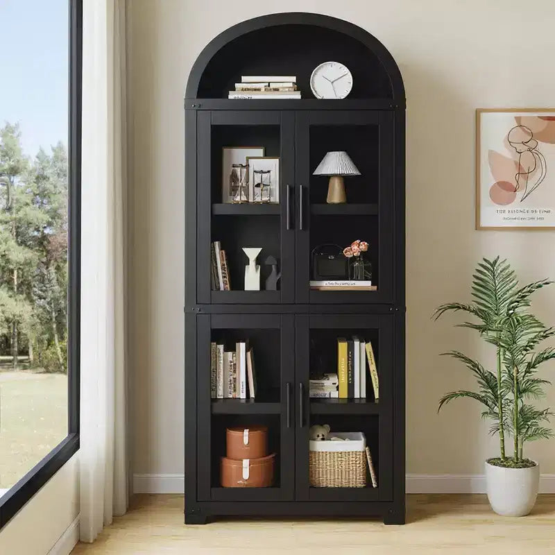 Libreria ad Arco, Libreria Alta con Ante e Cassetti, Mobile Contenitore Stile Rustico per Ufficio, Soggiorno, Camera da Letto