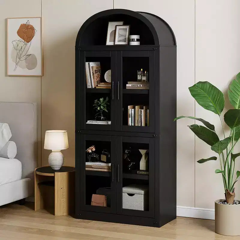 Libreria ad Arco, Libreria Alta con Ante e Cassetti, Mobile Contenitore Stile Rustico per Ufficio, Soggiorno, Camera da Letto