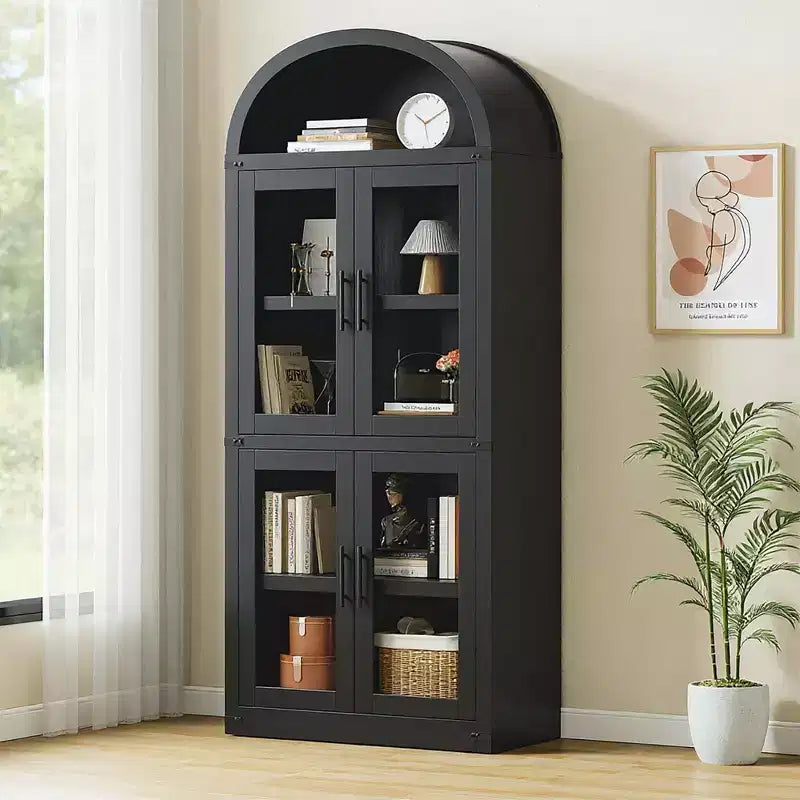 Libreria ad Arco, Libreria Alta con Ante e Cassetti, Mobile Contenitore Stile Rustico per Ufficio, Soggiorno, Camera da Letto