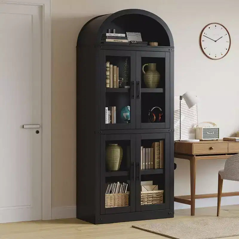 Libreria ad Arco, Libreria Alta con Ante e Cassetti, Mobile Contenitore Stile Rustico per Ufficio, Soggiorno, Camera da Letto