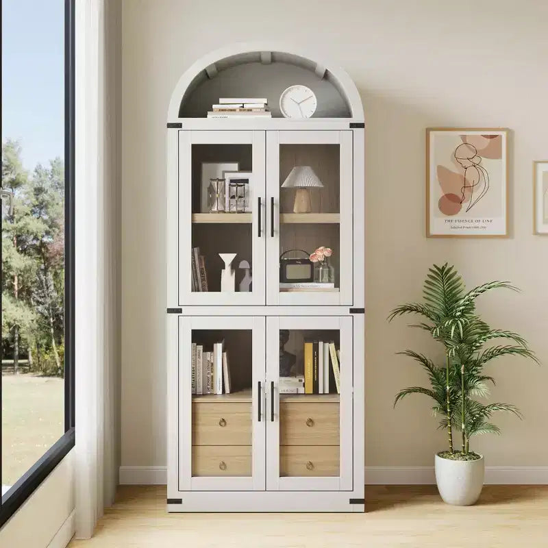 Libreria ad Arco, Libreria Alta con Ante e Cassetti, Mobile Contenitore Stile Rustico per Ufficio, Soggiorno, Camera da Letto