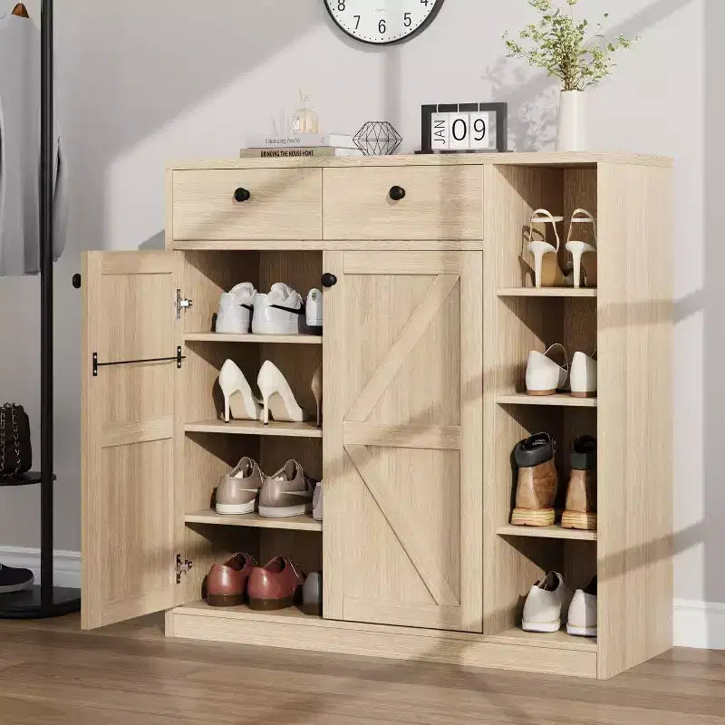 Scarpiera a armadietto con ante e cassetti, scarpiera moderna alta 106 cm con ripiani regolabili e base stabile, scarpiera a 4 ripiani