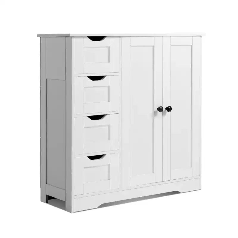 Bathroom Floor Cabinet, 3-Tier, Wooden Storage Organizer with 2 Doors, 4 Drawers and Adjustable Shelf,for Kitchen/Living Room/Entryway Use,White