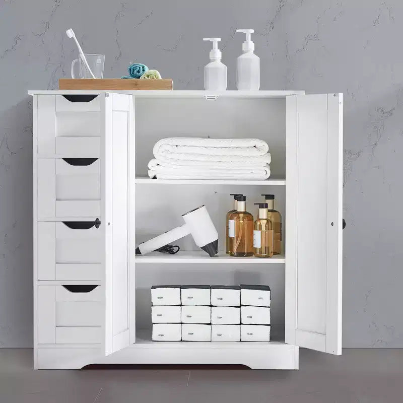 Mobiletto da bagno, a 3 ripiani, organizer in legno con 2 ante, 4 cassetti e ripiano regolabile, per cucina/soggiorno/ingresso, bianco